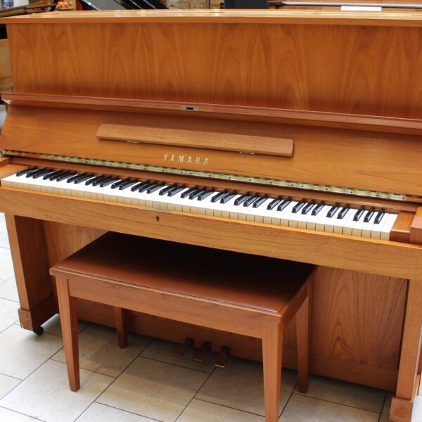 Yamaha 48" Professional Upright Piano - Model W103 in beautiful Danish Mid-Century Teak Satin finish. Certifed preowned with bench and 2 Year Guarantee.