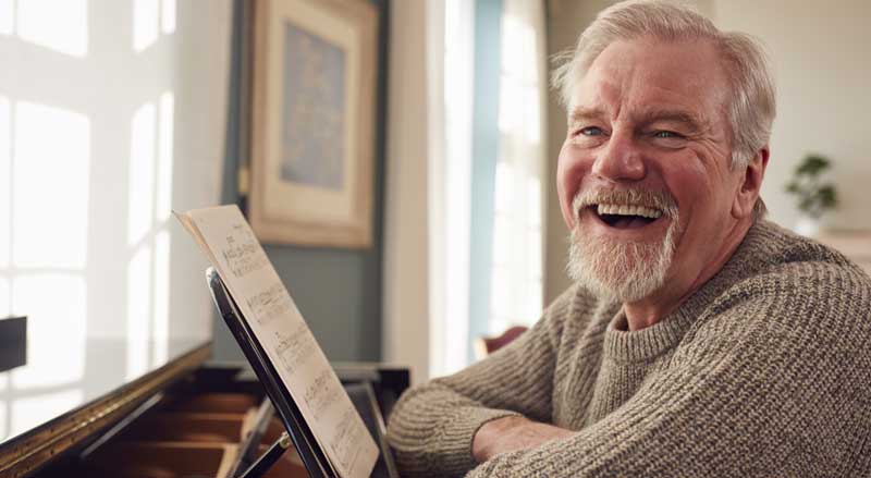 A smiling older man is sitting at a piano