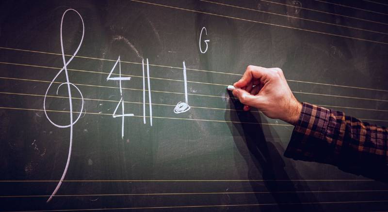 A person writes music notes on a blackboard, illustrating the connection between music education and academic success