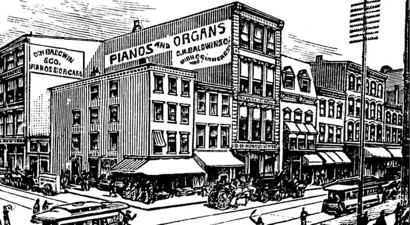 Vintage illustration of the original D.H. Baldwin & Co. storefront in Cincinnati, Ohio