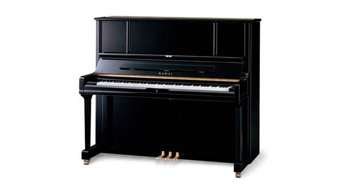 Yamaha 52″ professional upright piano in polished black finish, known for precision touch and rich tone