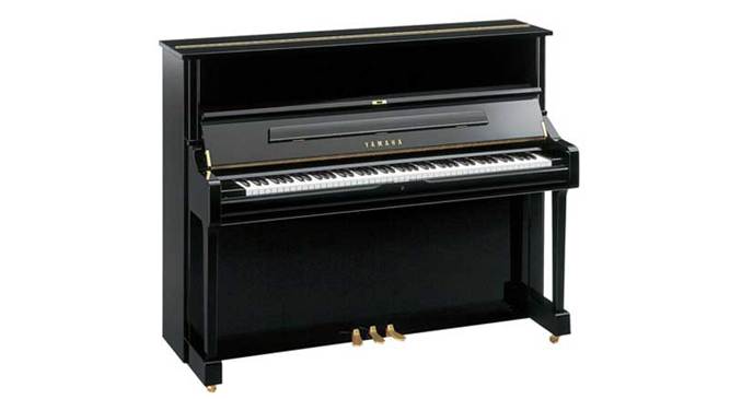Yamaha 52″ professional upright piano in polished black finish, known for precision touch and rich tone